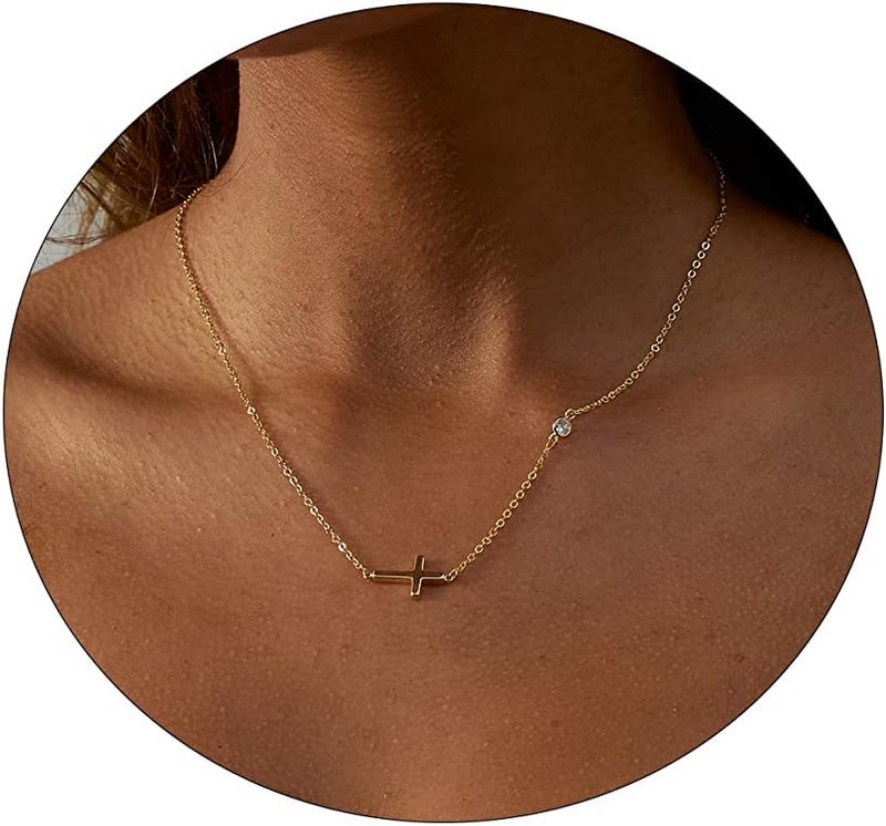 VIROMY Gold Cross Necklace for Women 14K Gold Plated Cute Sidways Cross Pendant Choker Necklaces Simple Trendy Everyday Jewelry for Women - Image 1
